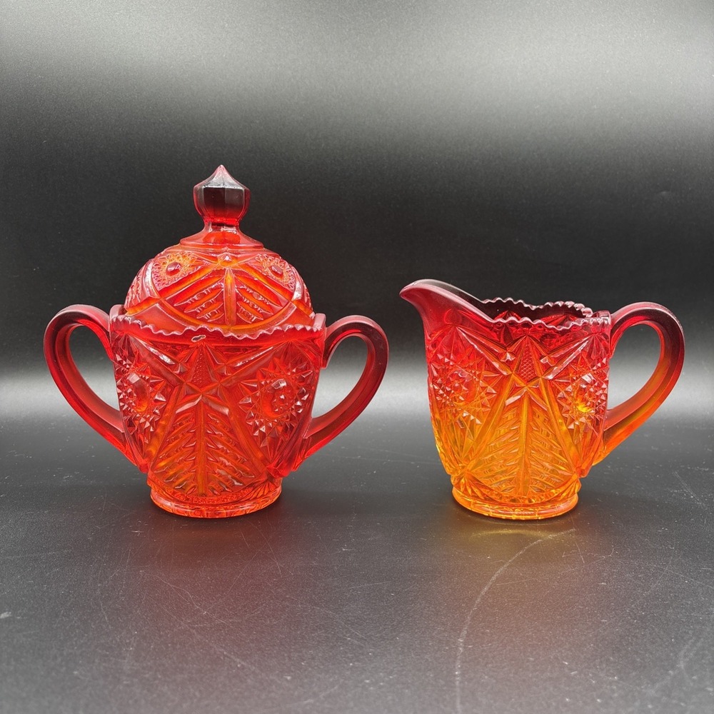 Vintage Viking Glass Yesteryear Hobstar Amberina Pitcher & Sugar Lid Red Orange